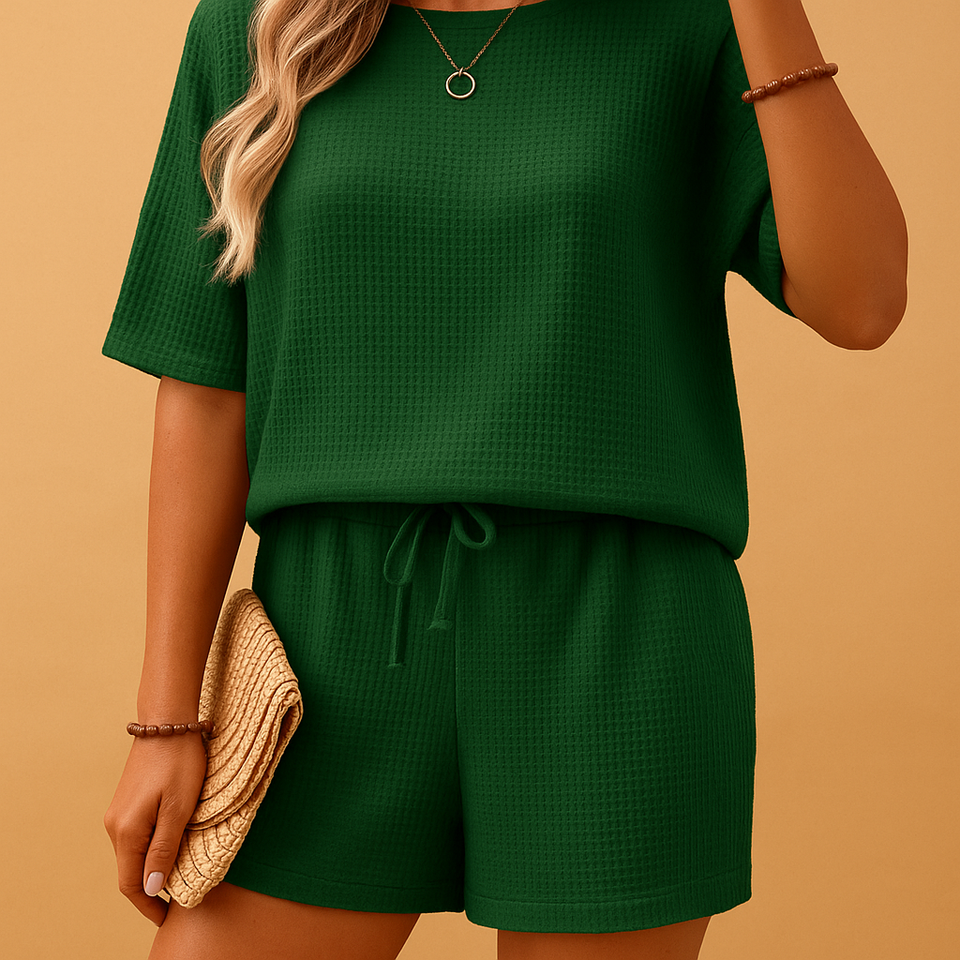 Loungewear set with separate top and shorts for women.