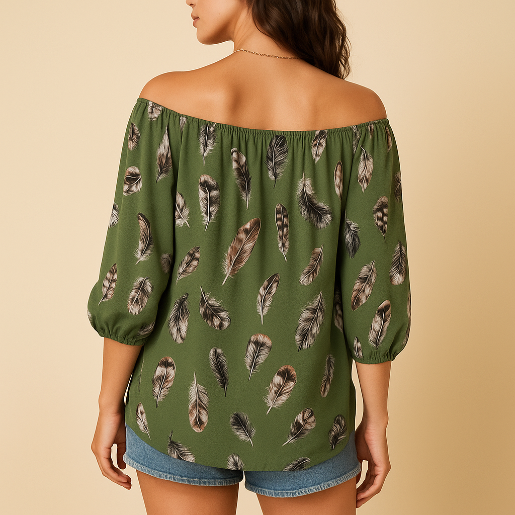 Lightweight blouse with feather print and V-neck for women