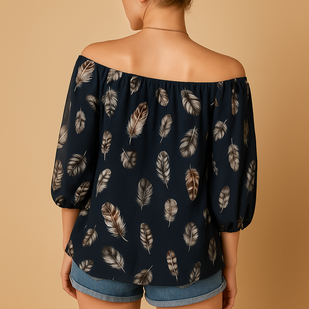 Lightweight blouse with feather print and V-neck for women