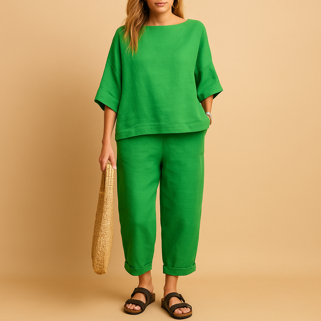 Lightweight women's set with loose-fitting shirt and ankle-length pants.