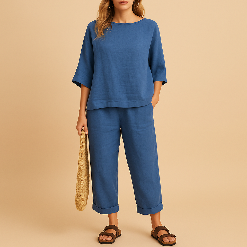 Lightweight women's set with loose-fitting shirt and ankle-length pants.