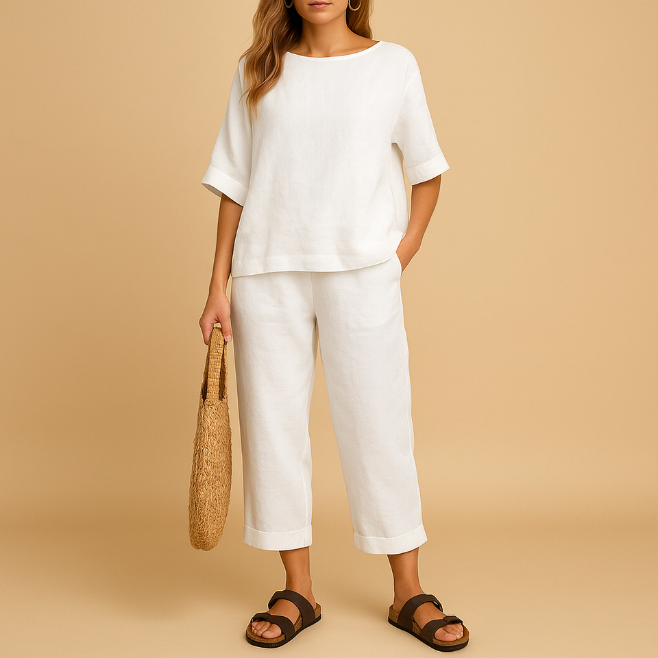 Lightweight women's set with loose-fitting shirt and ankle-length pants.
