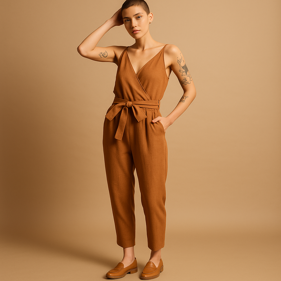 Lightweight jumpsuit with adjustable waistband for women.
