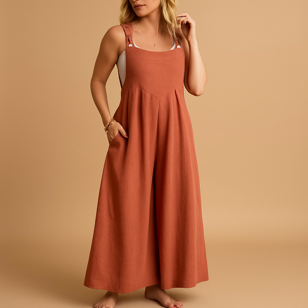 Lightweight cotton jumpsuit with wide legs for women.