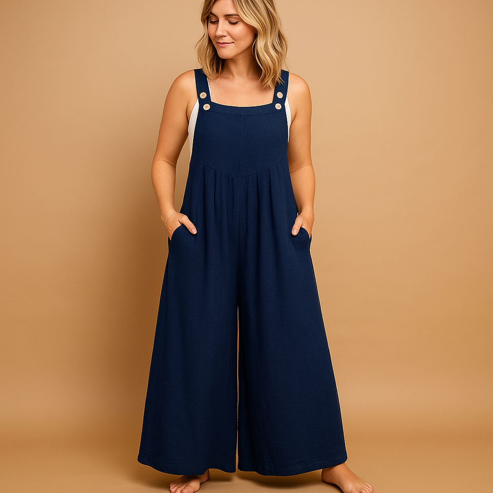 Lightweight cotton jumpsuit with wide legs for women.