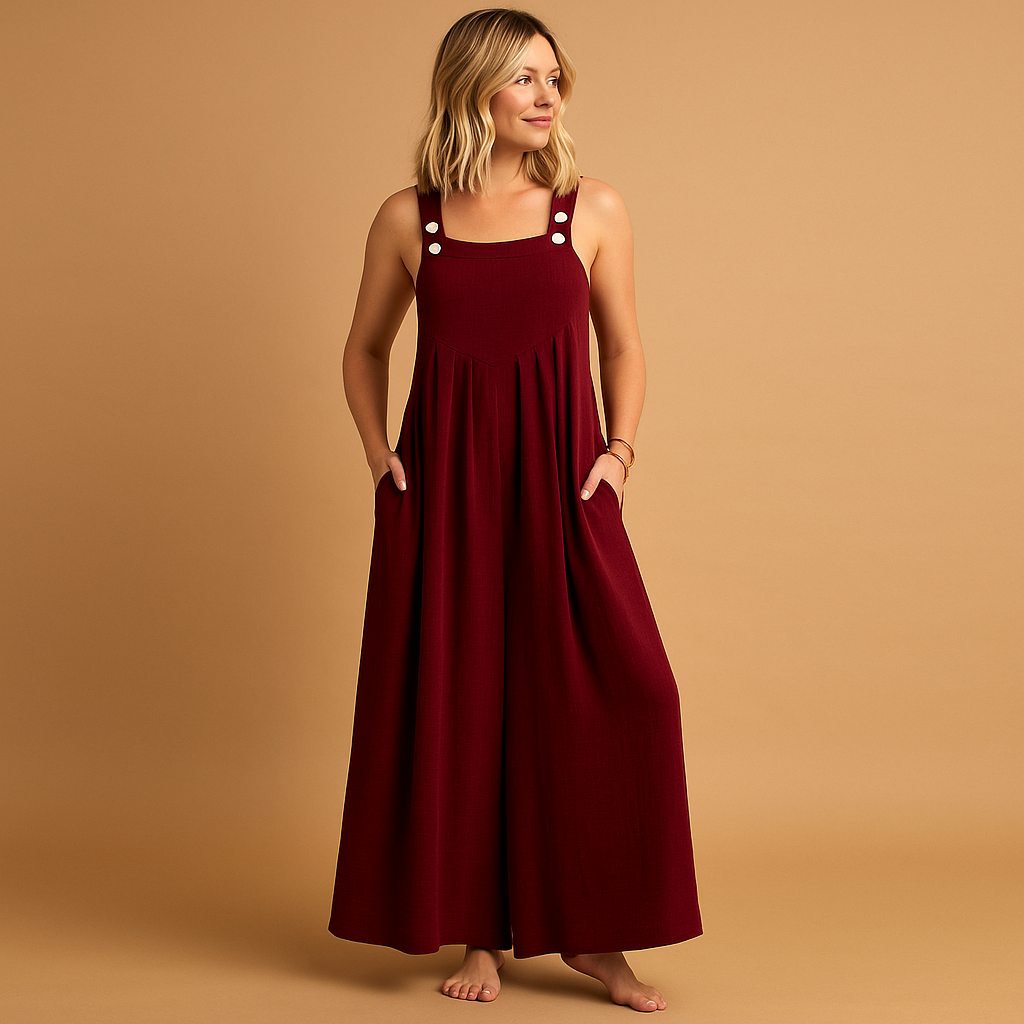 Lightweight cotton jumpsuit with wide legs for women.