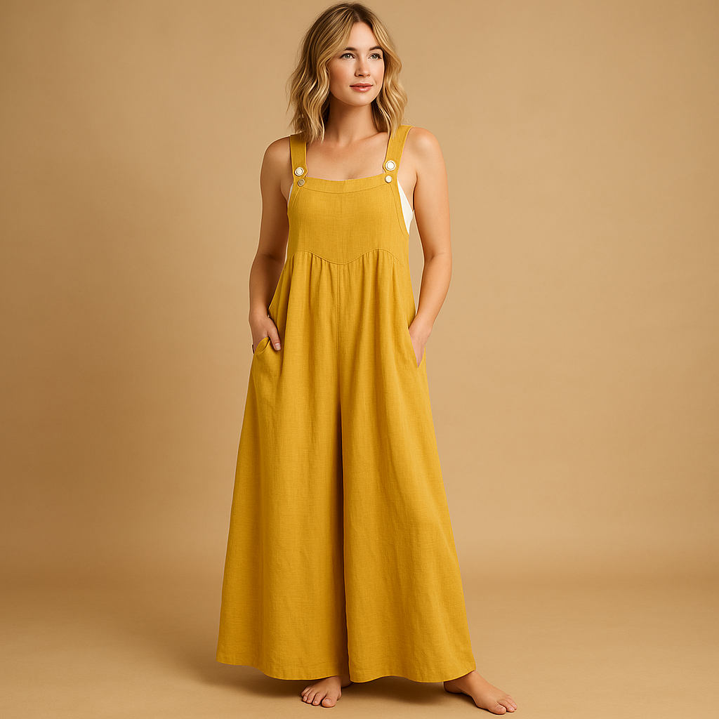 Lightweight cotton jumpsuit with wide legs for women.