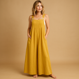 Lightweight cotton jumpsuit with wide legs for women.