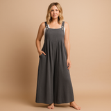 Lightweight cotton jumpsuit with wide legs for women.