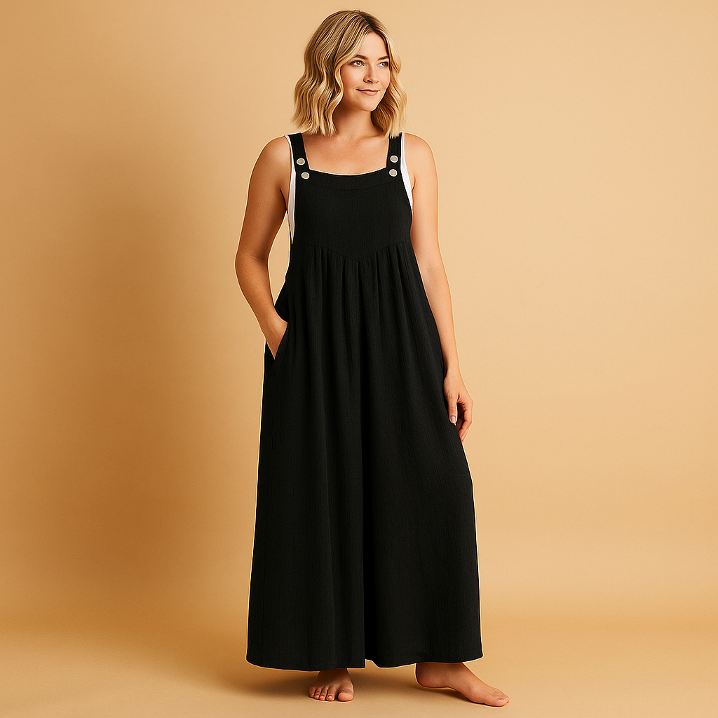 Lightweight cotton jumpsuit with wide legs for women.