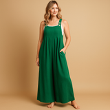 Lightweight cotton jumpsuit with wide legs for women.