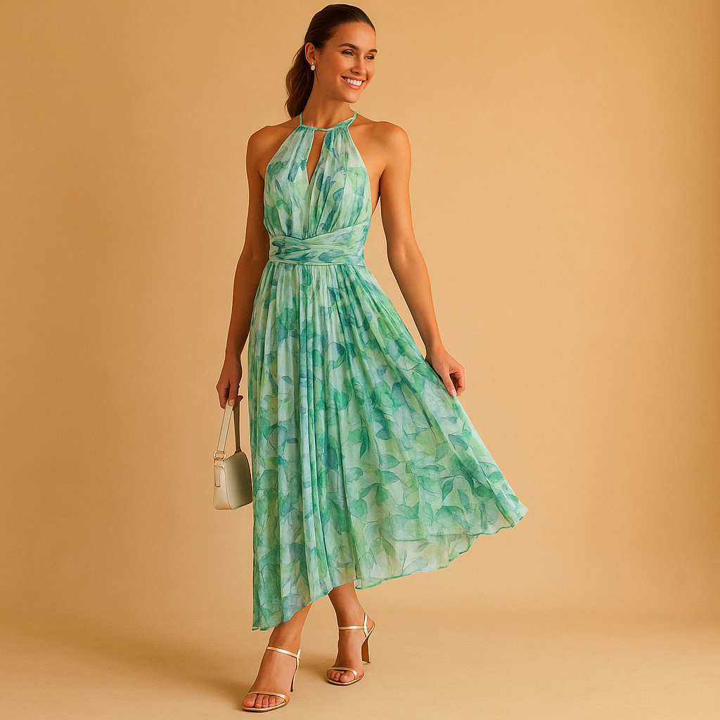 Maxi dress with floral print and high waist for women.