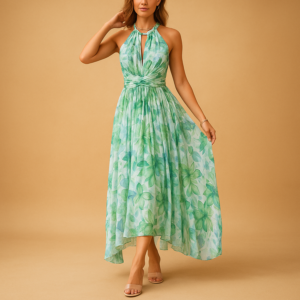 Maxi dress with floral print and high waist for women.