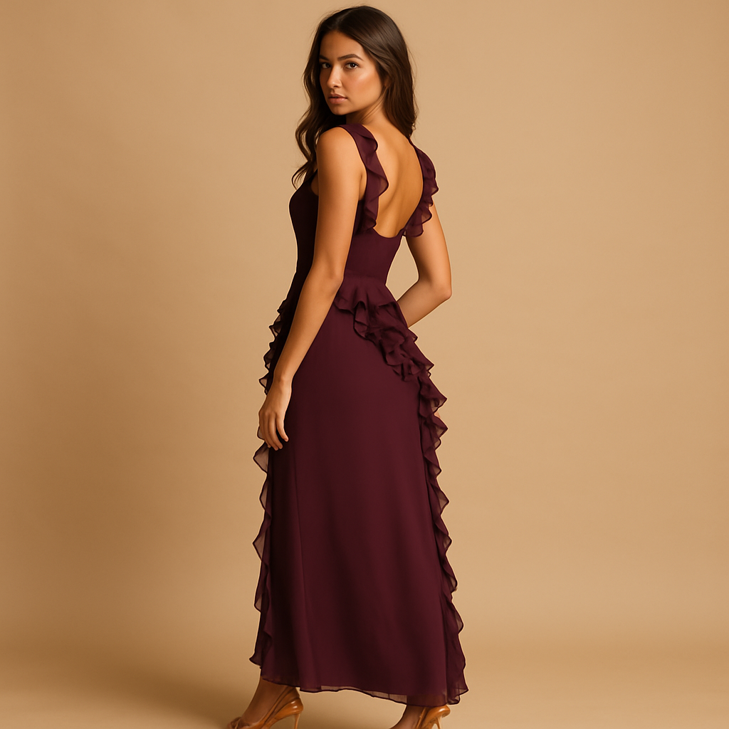 Maxi dress with adjustable straps and ruffles for women.