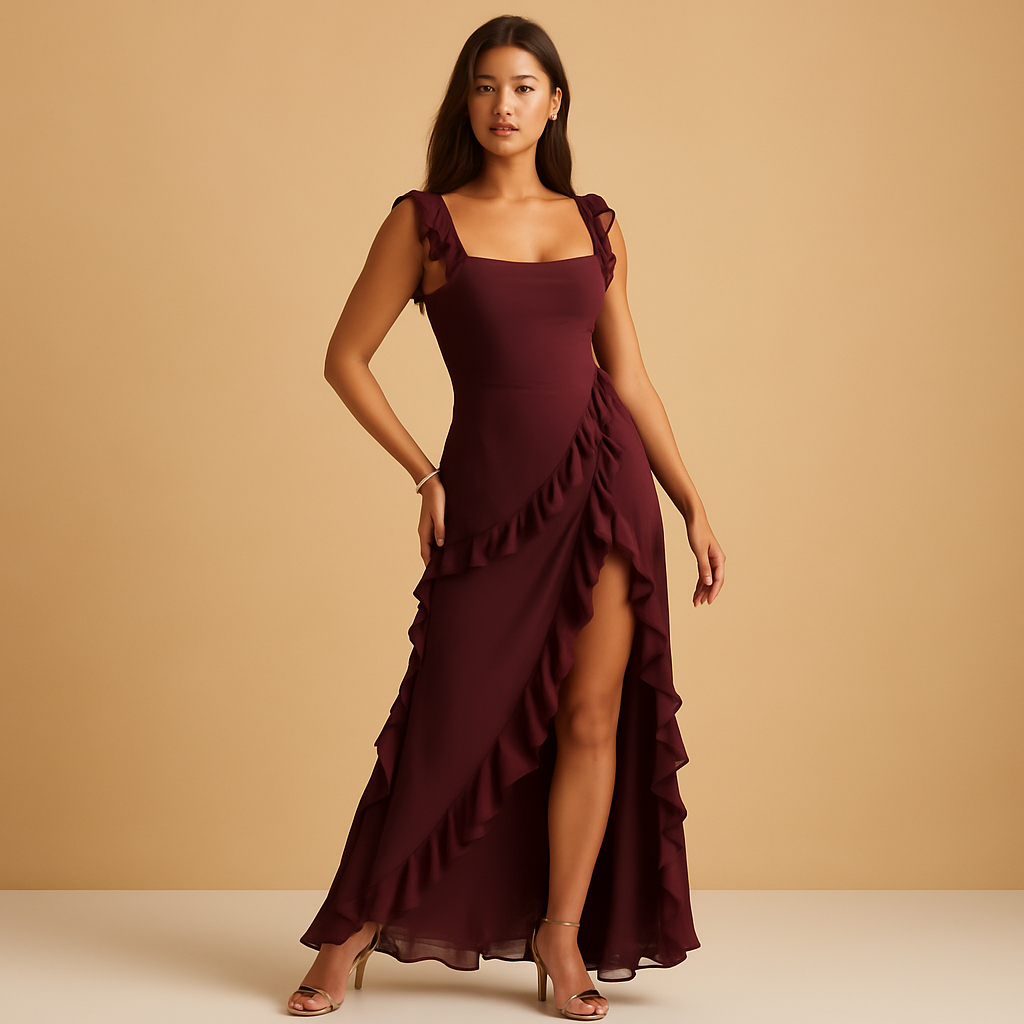 Maxi dress with adjustable straps and ruffles for women.