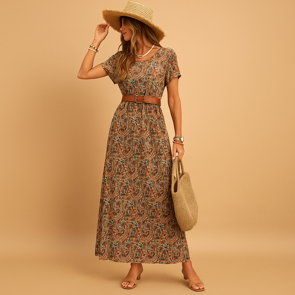 Maxi dress with V-neck and belt for women.
