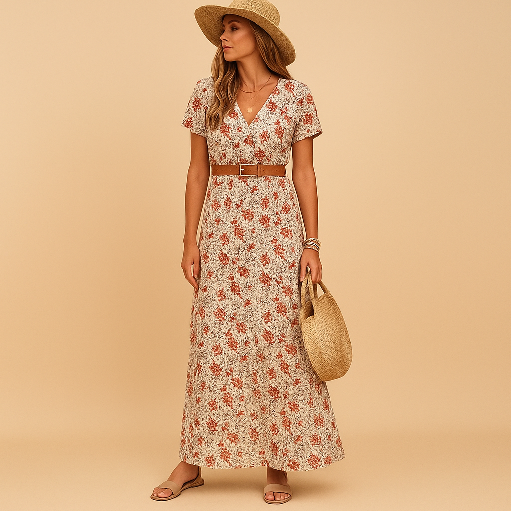 Maxi dress with V-neck and belt for women.