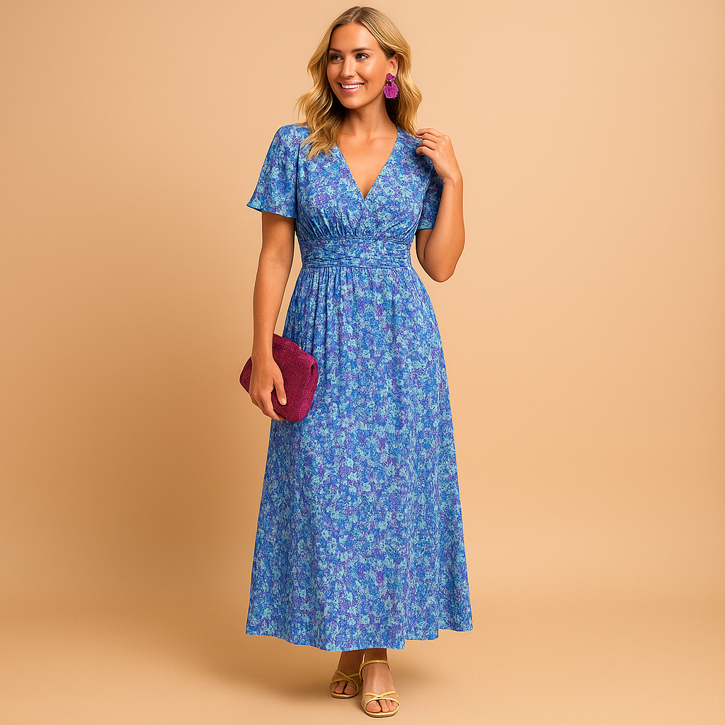 Maxi summer dress with V-neck and floral print for women.
