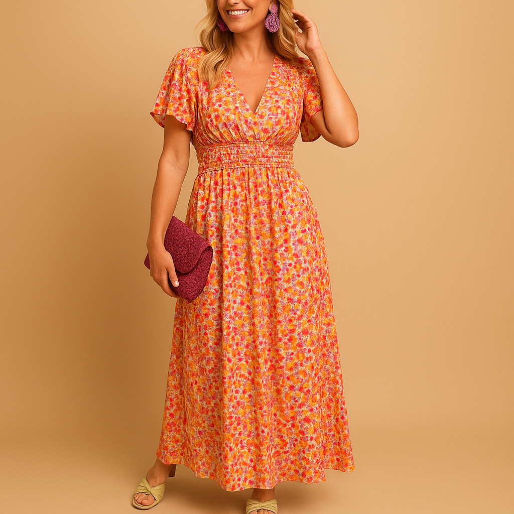 Maxi summer dress with V-neck and floral print for women.