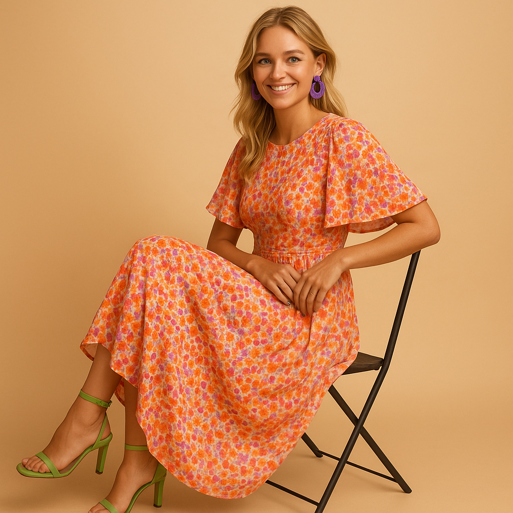 Maxi summer dress with V-neck and floral print for women.