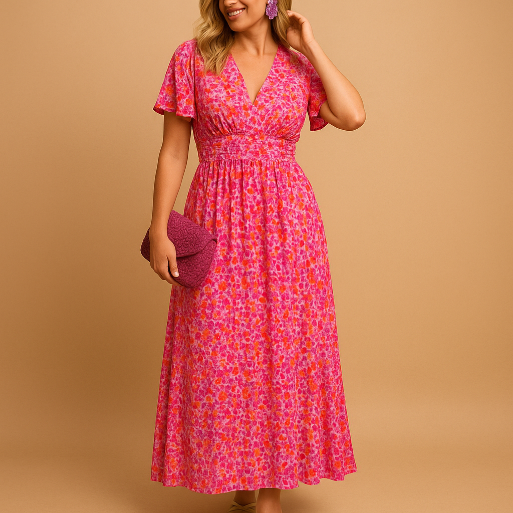 Maxi summer dress with V-neck and floral print for women.