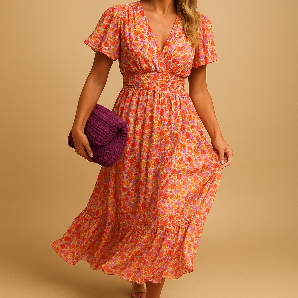 Maxi summer dress with V-neck and floral print for women.