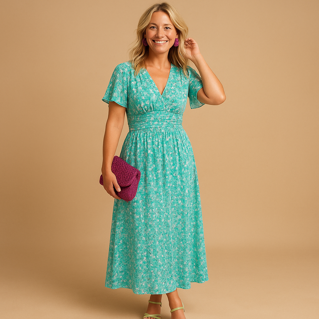 Maxi summer dress with V-neck and floral print for women.