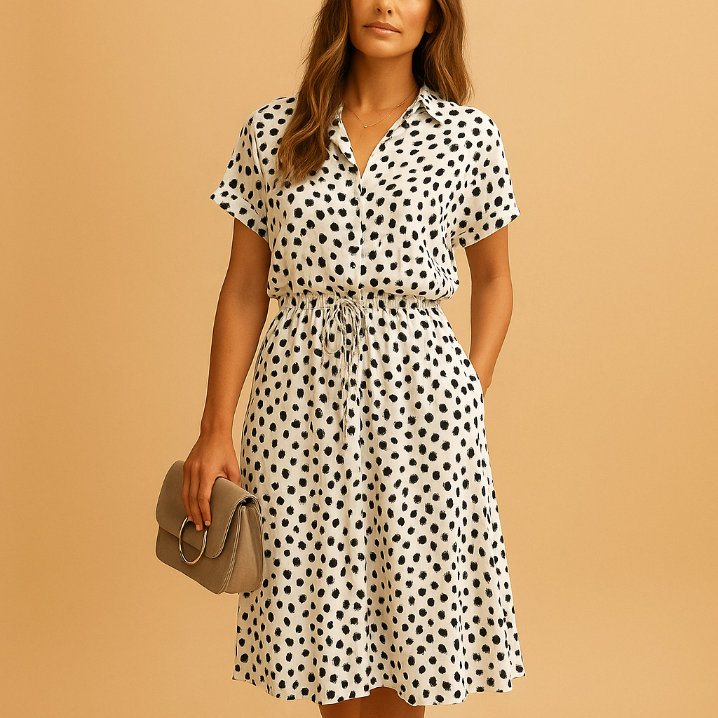 Midi A-line dress with V-neck and button details for women.