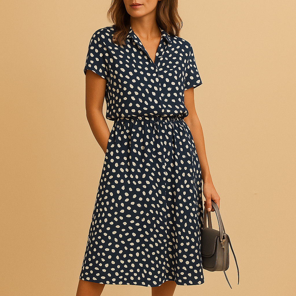 Midi A-line dress with V-neck and button details for women.