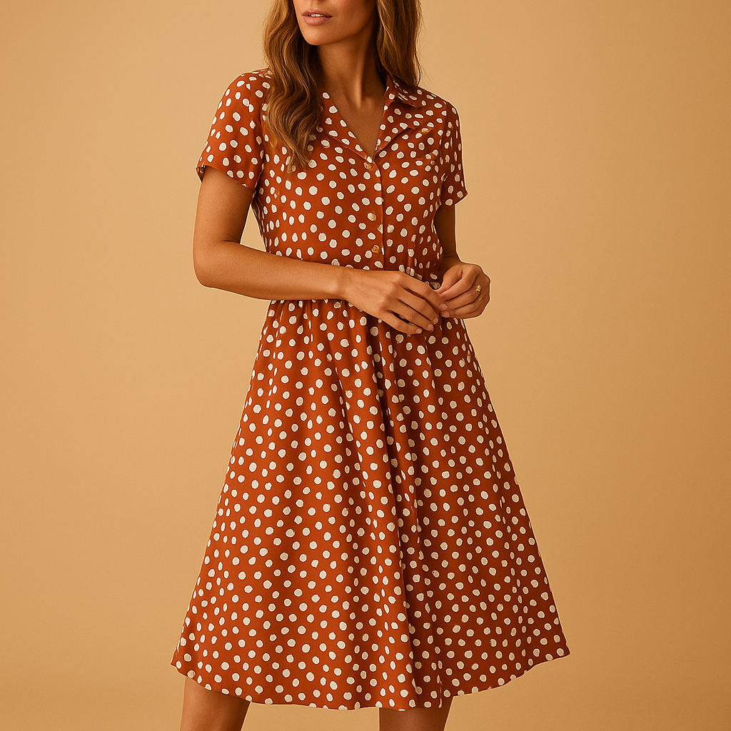 Midi A-line dress with V-neck and button details for women.