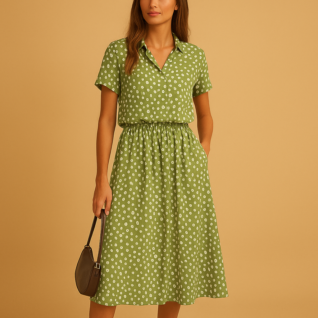 Midi A-line dress with V-neck and button details for women.