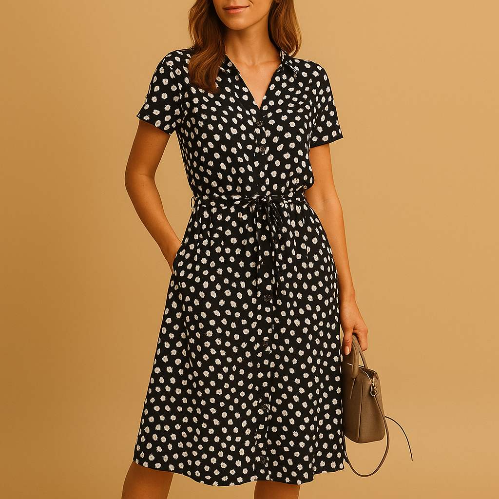 Midi A-line dress with V-neck and button details for women.