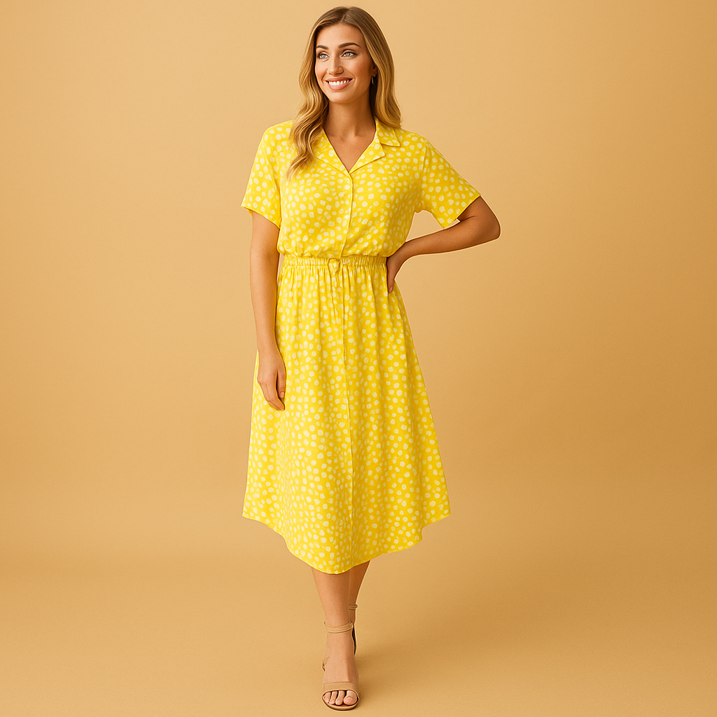 Midi A-line dress with V-neck and button details for women.