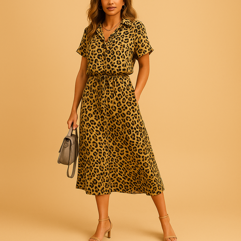 Midi A-line dress with V-neck and button details for women.