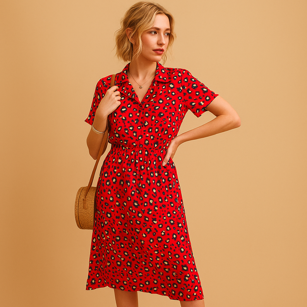 Midi A-line dress with V-neck and button details for women.