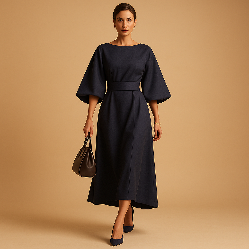 Women's midi dress with A-line silhouette and bow belt.