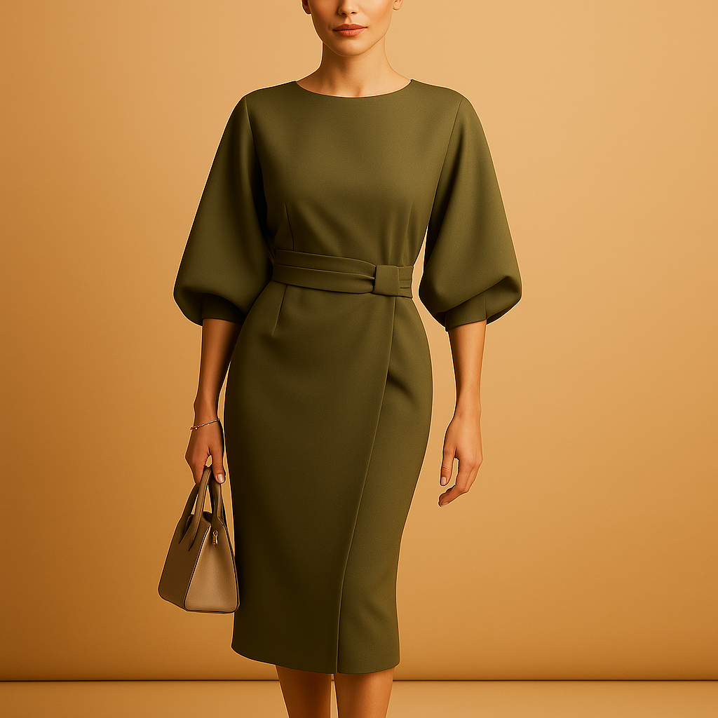 Women's midi dress with A-line silhouette and bow belt.