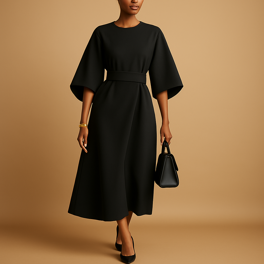 Women's midi dress with A-line silhouette and bow belt.