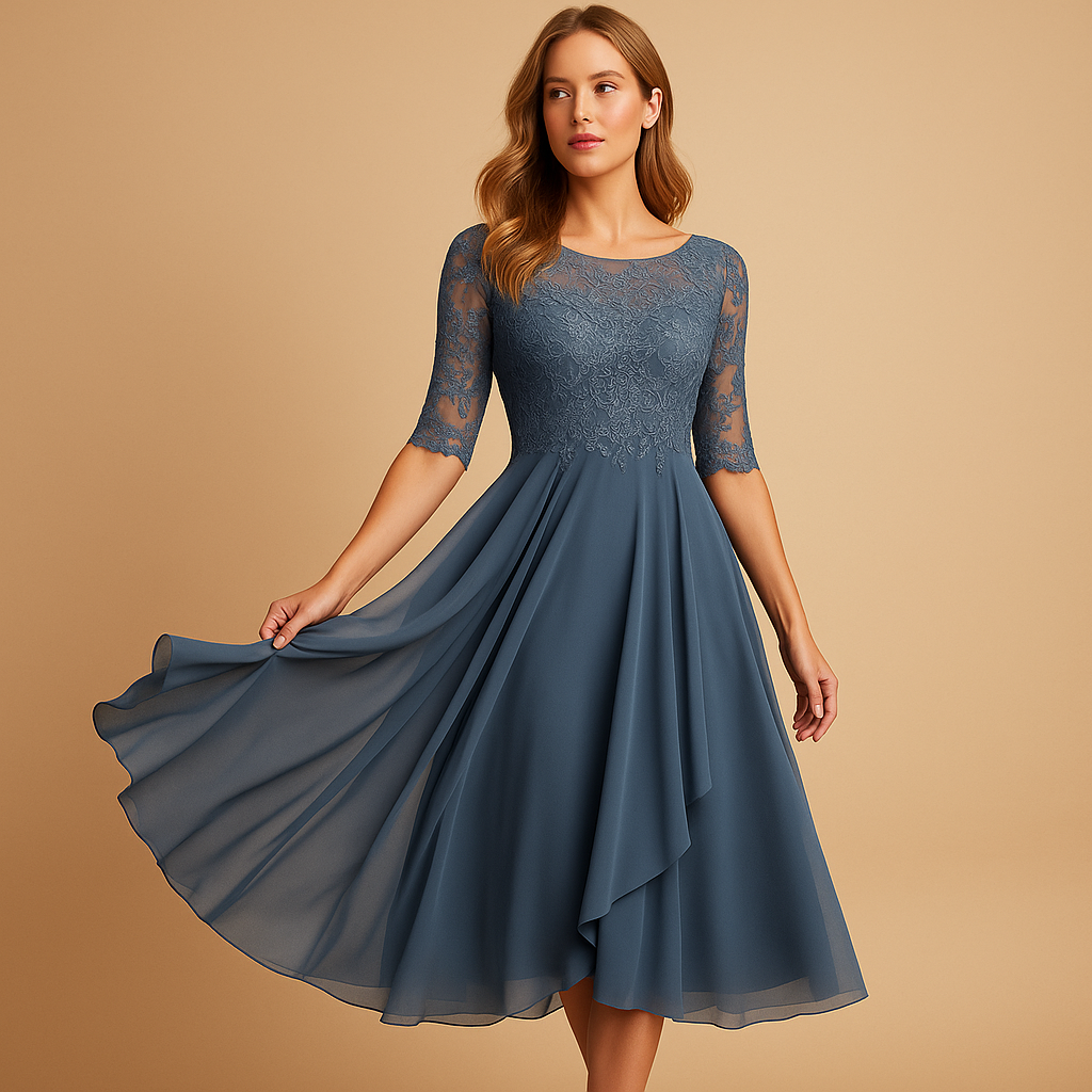 Midi dress with lace top and asymmetrical skirt for women.