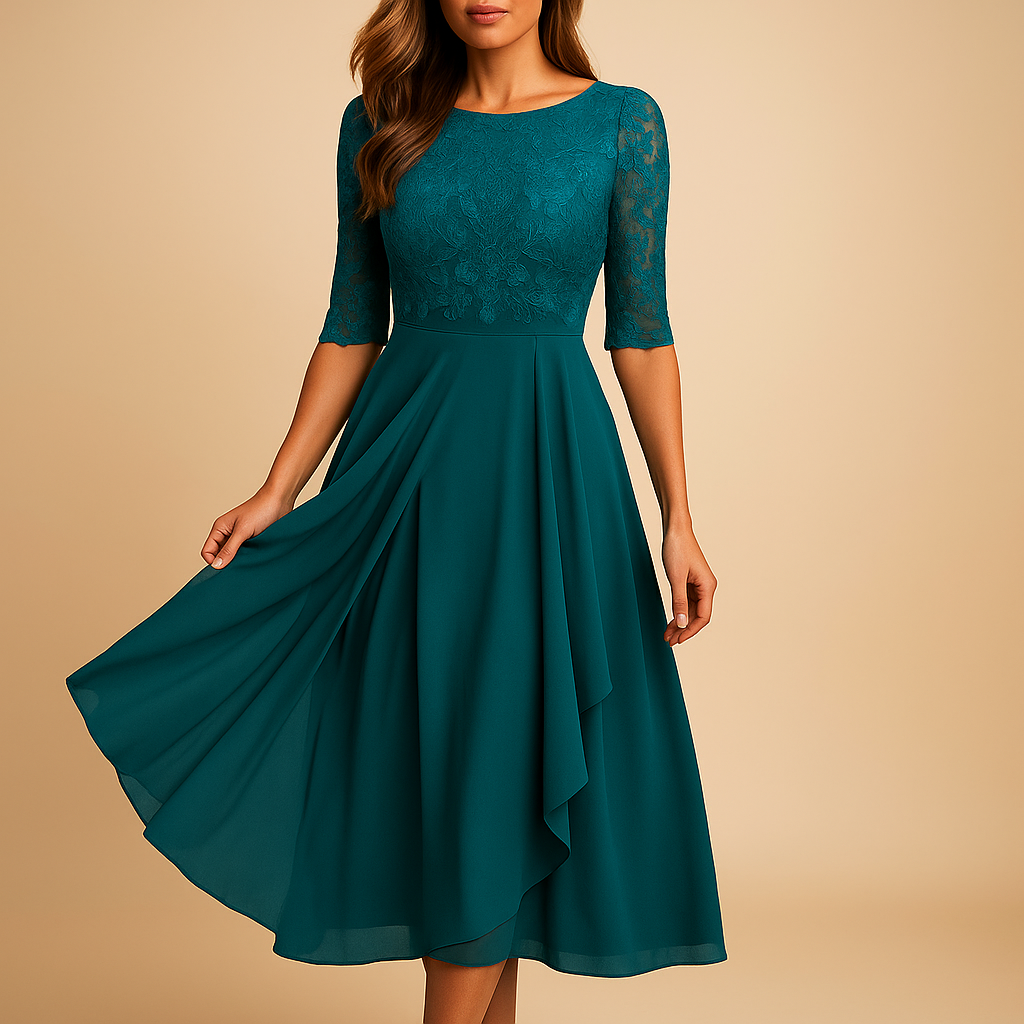 Midi dress with lace top and asymmetrical skirt for women.