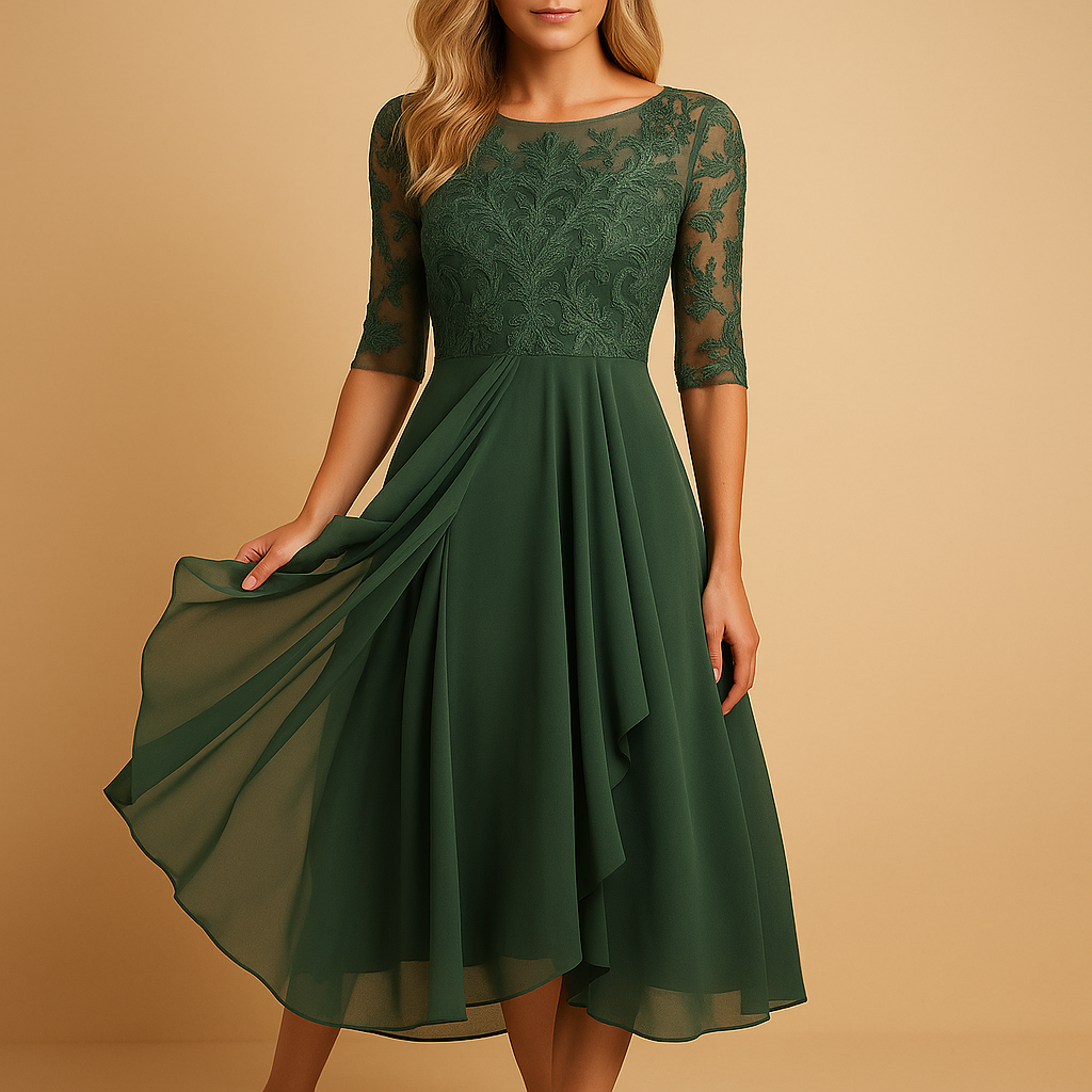 Midi dress with lace top and asymmetrical skirt for women.