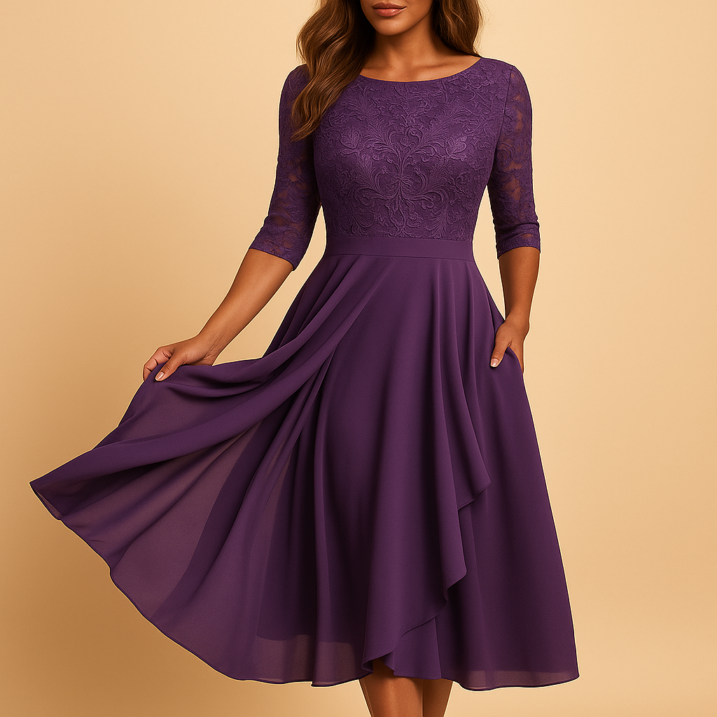Midi dress with lace top and asymmetrical skirt for women.