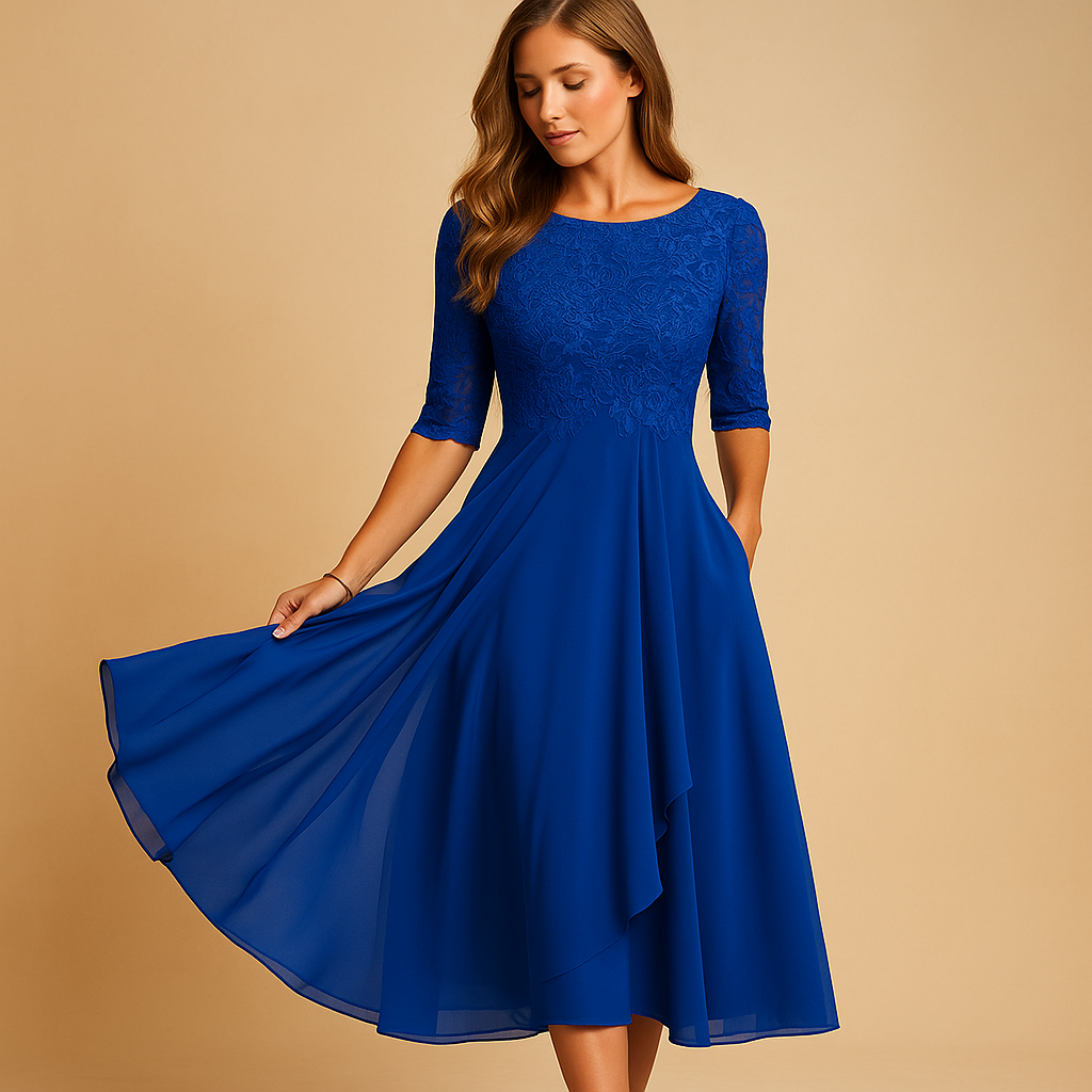 Midi dress with lace top and asymmetrical skirt for women.