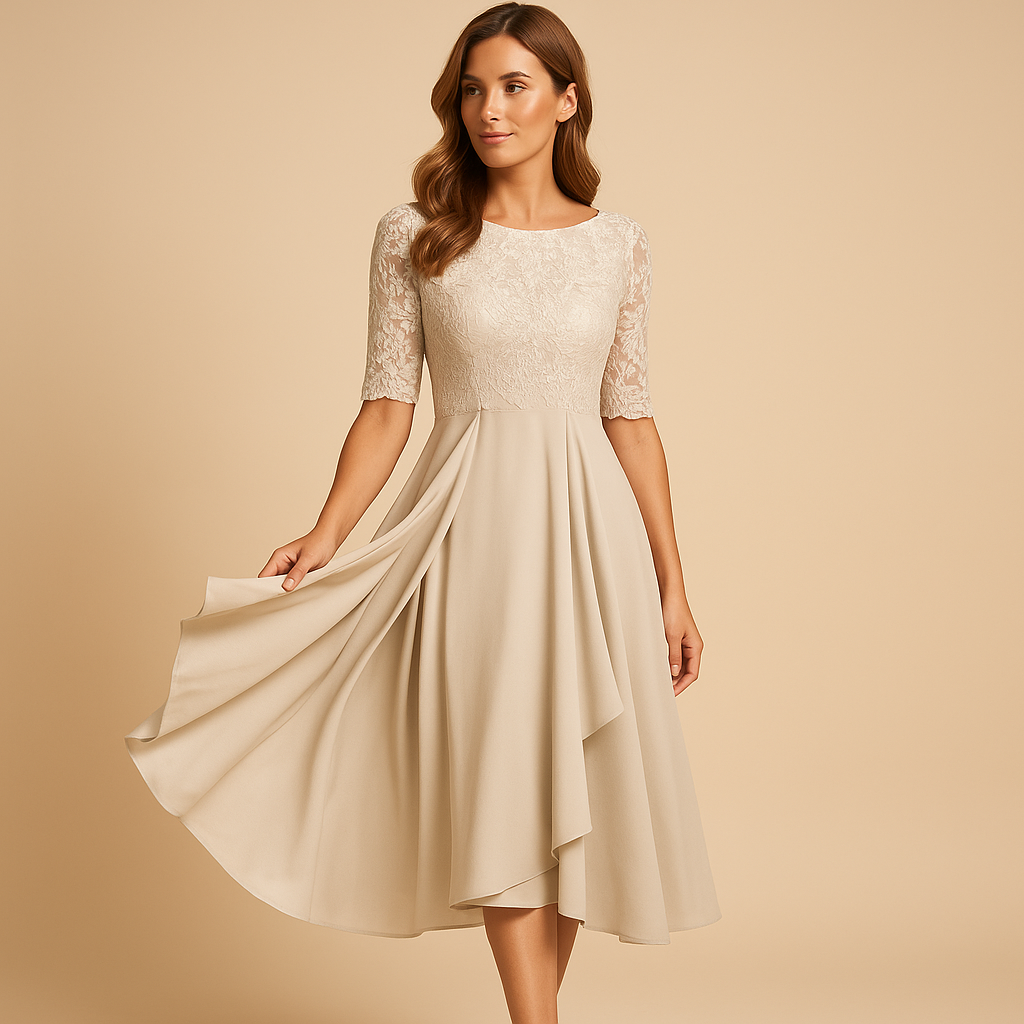 Midi dress with lace top and asymmetrical skirt for women.