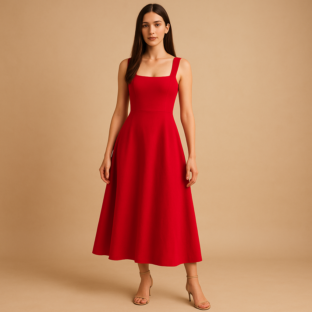 Women's midi dress with square neckline and elastic waist.