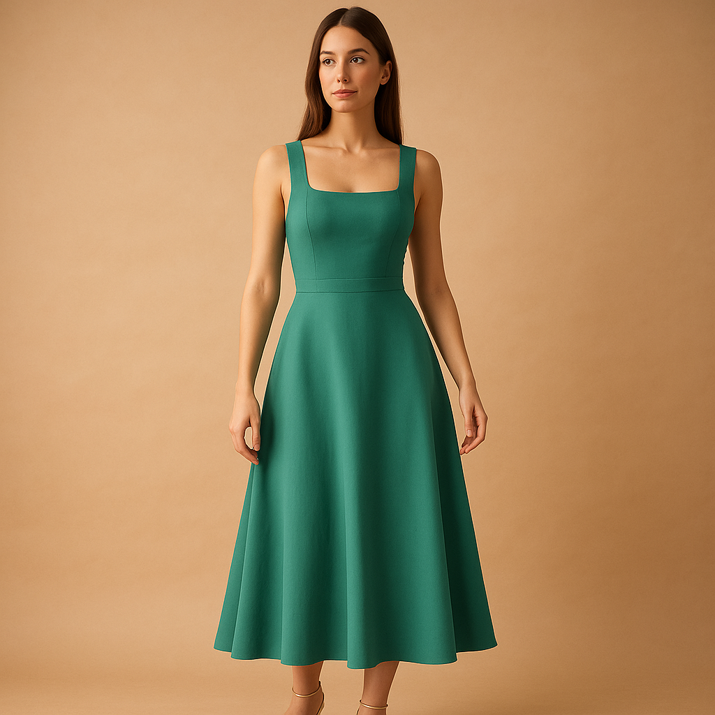 Women's midi dress with square neckline and elastic waist.