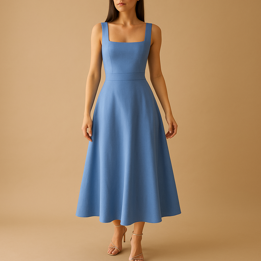 Women's midi dress with square neckline and elastic waist.