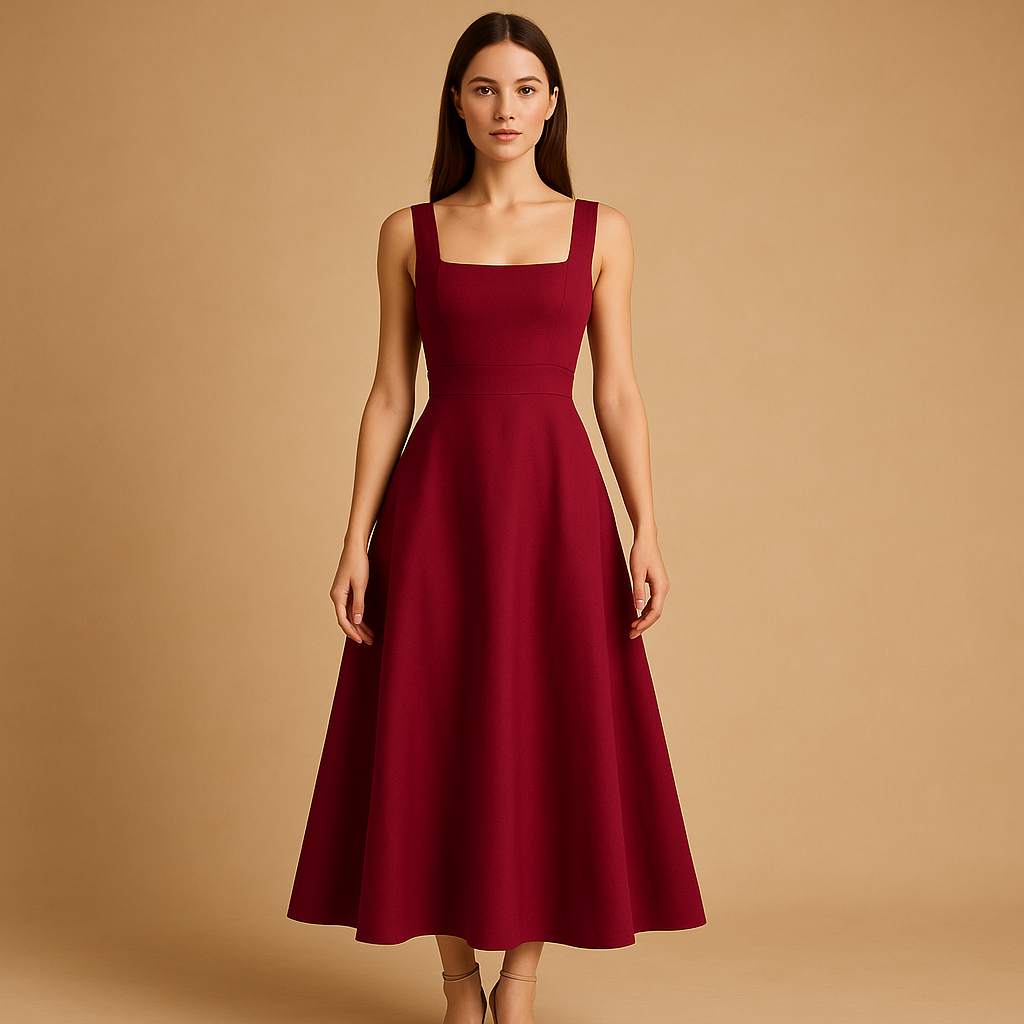 Women's midi dress with square neckline and elastic waist.