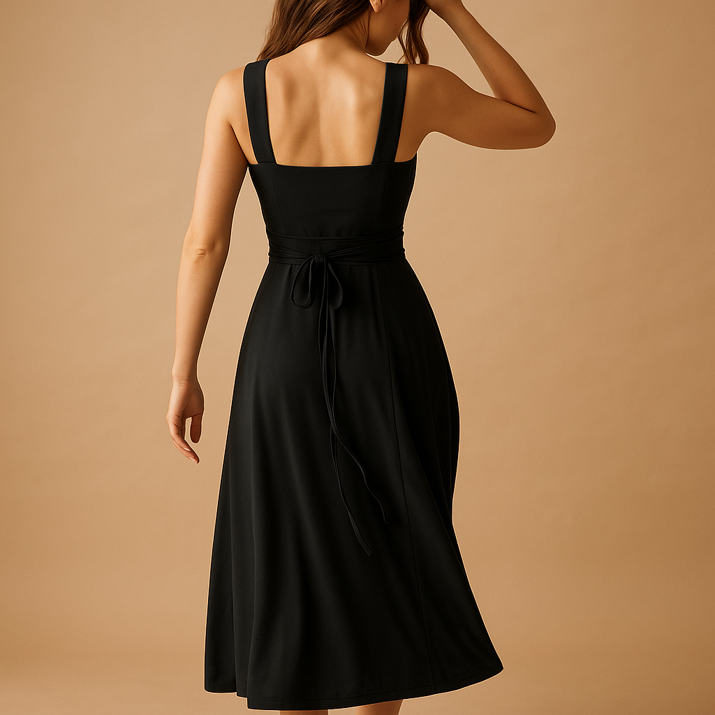 Women's midi dress with square neckline and elastic waist.