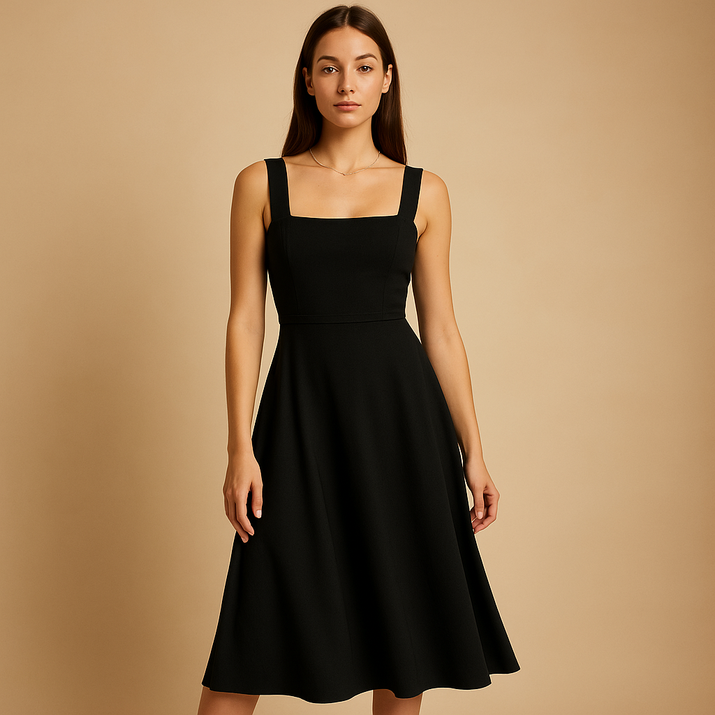 Women's midi dress with square neckline and elastic waist.